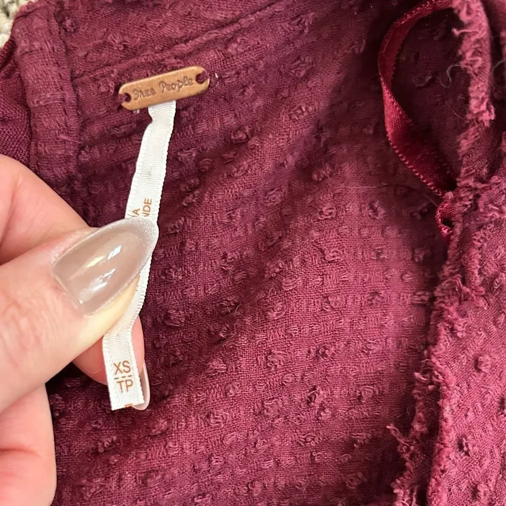 Free People Walking in Hueco Back Tie Burgundy Long Sleeve Top size xsmall
